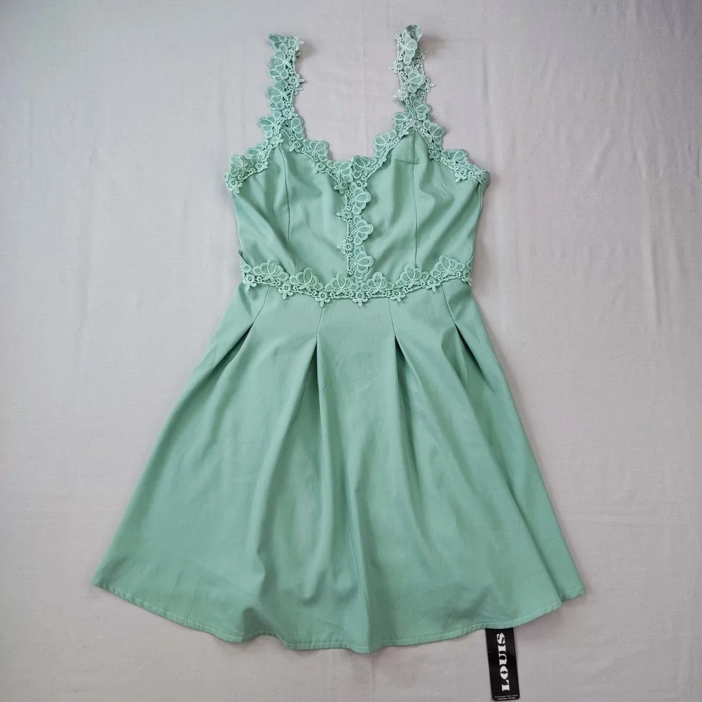 X-YUE Dress Women Medium Mint Green Lace Trim Sleeveless Fit Flare Cocktail Mini